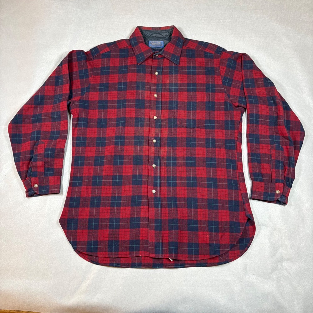 Pendleton Wool Shirt Mens Large Robinson Dress Tartan Plaid Red Blue Vintage USA